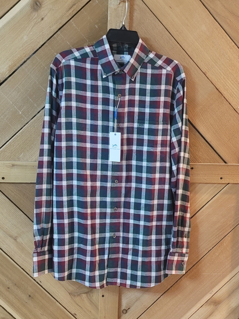 Southern Tide Men's Burgundy, Green & White Plaid Button-Down Shirt